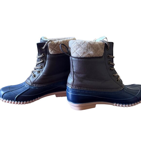 Magellan Outdoors Womens Duck Boots 6 Brown Navy Faux Shearling Lined Waterproof - Picture 2 of 10